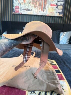 Burberry Tan Canvas Bucket Hat with Check Lining